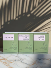Luxury Soap Gift Set arranged beautifully, showcasing Sidr Honey & Oat, Lavender, and Pink Himalayan Salt Scrub